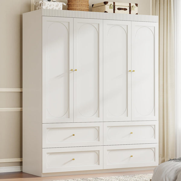 74" Large 4-Door Armoire Wardrobe with 4 Drawers – White