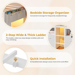 Low Loft Bed Twin with Storage Drawers, Bookcase & LED Lights