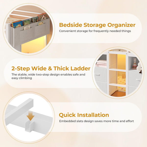 Low Loft Bed Twin with Storage Drawers, Bookcase & LED Lights