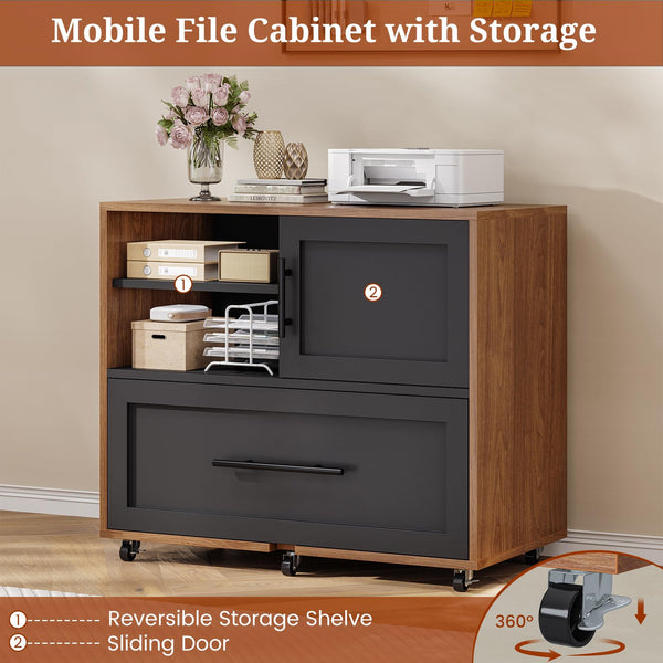 63" Executive Desk with Mobile File Cabinet, Power Outlets & Storage Shelves