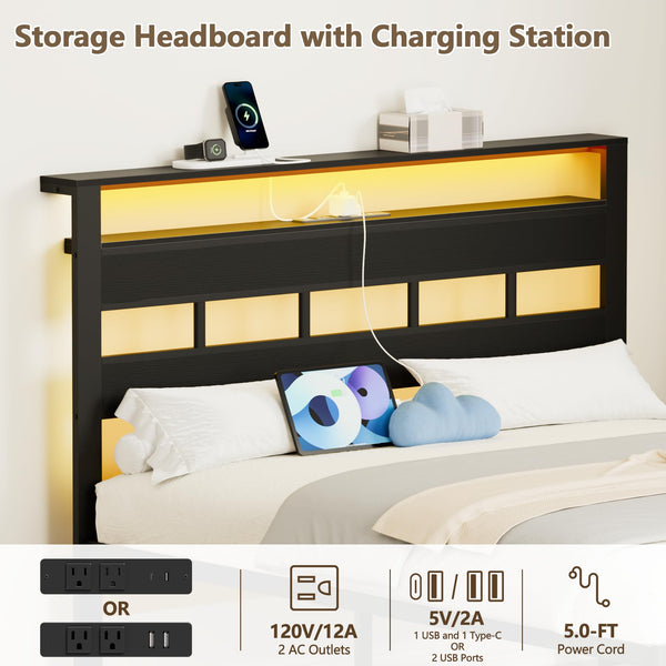 Full Size Bed Frame with LED Lights, Charging Station & Storage Headboard