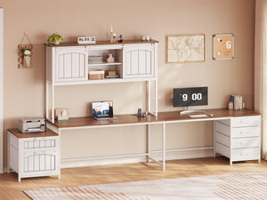 L-Shaped Office Desk with Hutch, 6 Drawers & Power Outlet – Farmhouse Corner Desk