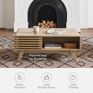 Mid-Century Fluted Coffee Table with 4-Compartment Storage & Tapered Legs