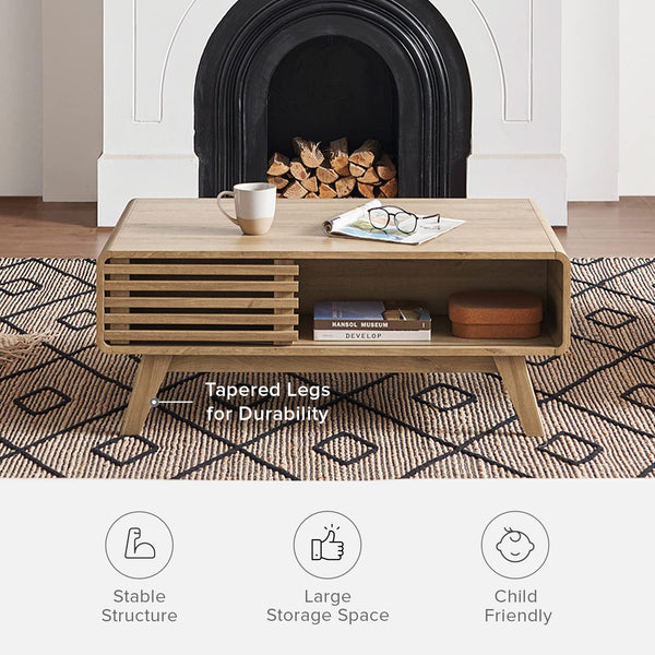 Mid-Century Fluted Coffee Table with 4-Compartment Storage & Tapered Legs