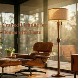 62.8" Wood Floor Lamp with 2-Light Pull Chain & Linen Drum Shade