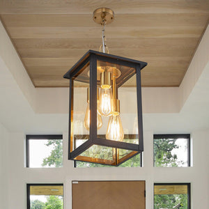 3-Light Outdoor Hanging Lantern Pendant – Farmhouse Black & Gold, Clear Glass