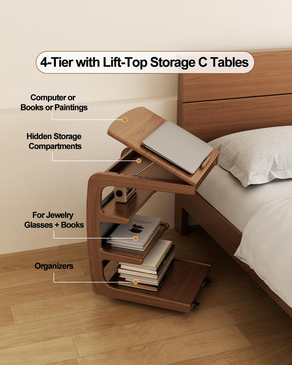C-Shaped Rolling Side Table with Adjustable Desktop