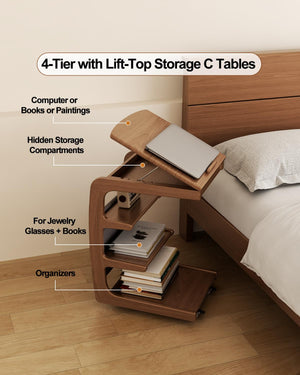 C-Shaped Rolling Side Table with Adjustable Desktop