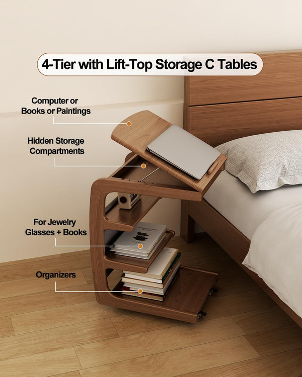 C-Shaped Rolling Side Table with Adjustable Desktop