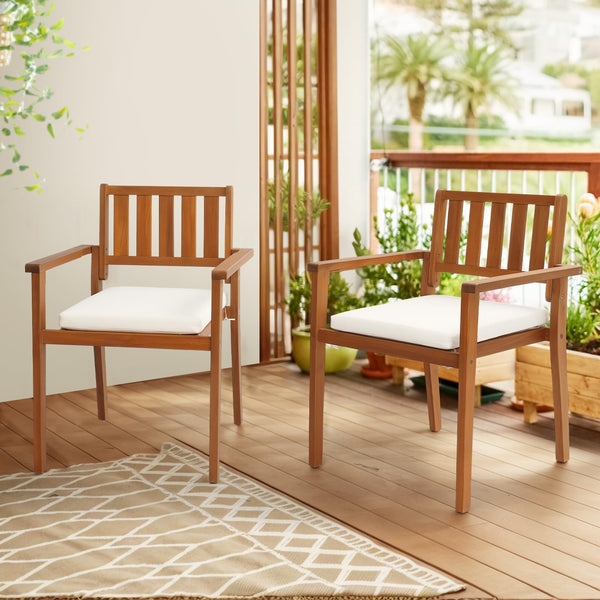 Stackable Acacia Wood Outdoor Dining Chairs with Cushions & Armrests – 4 Pack