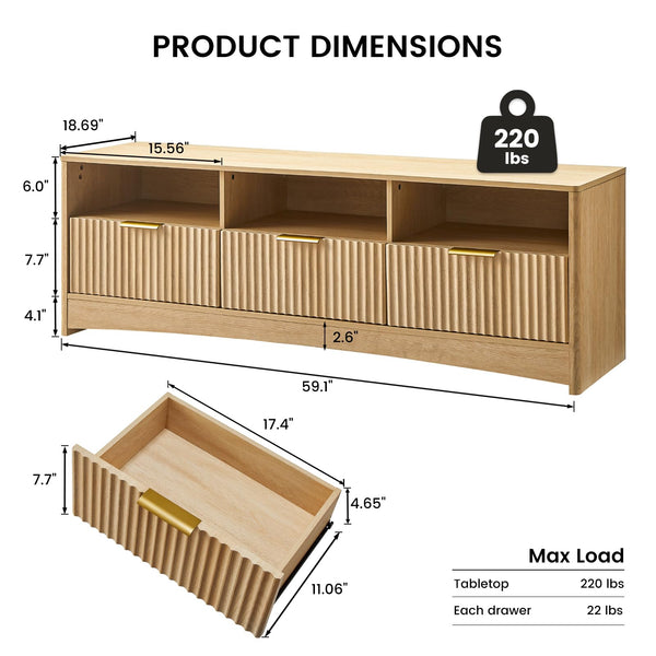 59" Fluted TV Stand with Storage Drawers – Natural Oak