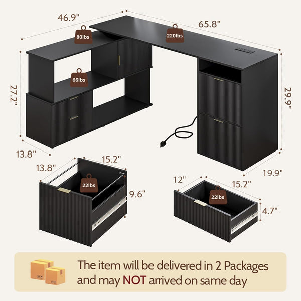 L-Shaped Desk with Drawers & Power Outlet – 66 Inch Corner Computer Desk