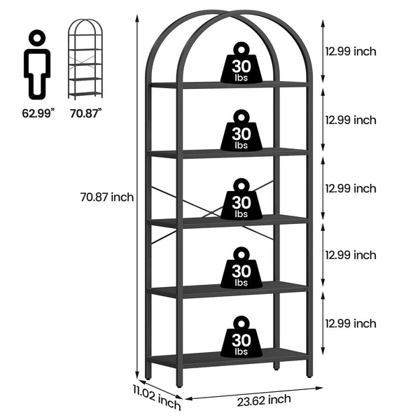5-Tier Arched Metal Bookshelf, 71" Industrial Freestanding Display Rack