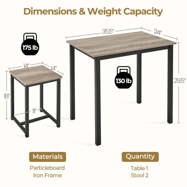 3-Piece Industrial Dining Table Set with 2 Stools