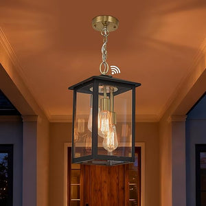 3-Light Outdoor Hanging Lantern Pendant – Farmhouse Black & Gold, Clear Glass