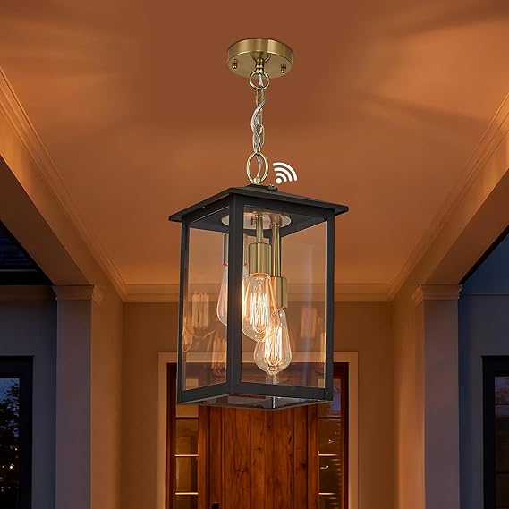 3-Light Outdoor Hanging Lantern Pendant – Farmhouse Black & Gold, Clear Glass