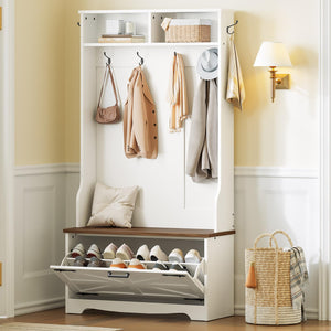 Farmhouse Hall Tree with Bench, Coat Rack & Shoe Cabinet – 31.5"L x 13.8"W x 65.7"H