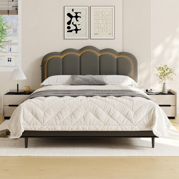 Upholstered Wavy Headboard Full/Queen with USB, RGB LED & Adjustable Height