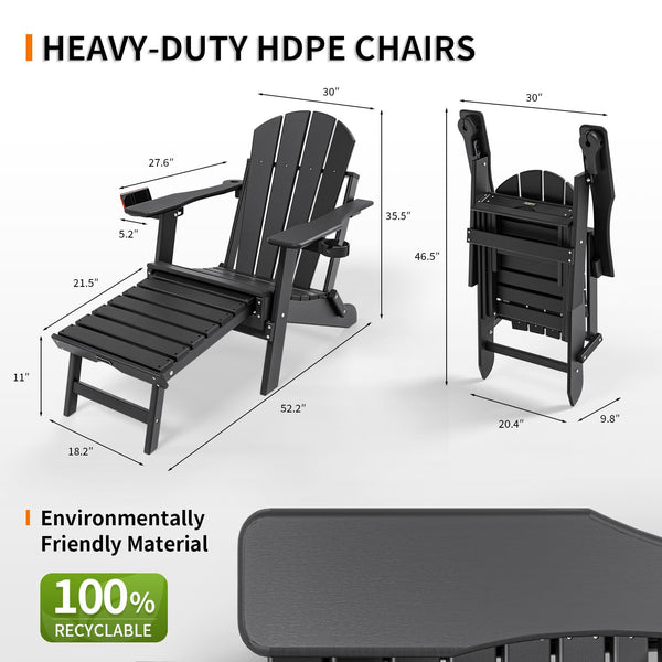 Folding Adirondack Chairs with Retractable Footrest & Cup Holders – HDPE, 400 LBS Capacity