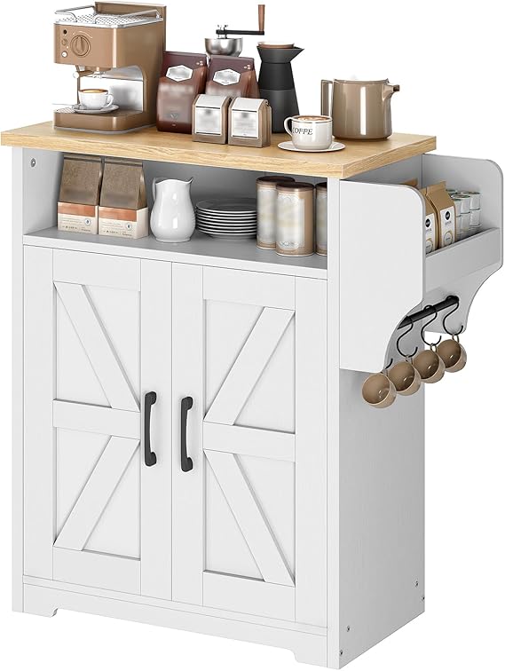 Coffee Bar Cabinet with Floating Shelf & Hooks