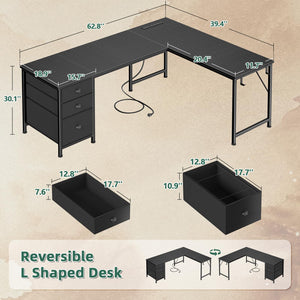 L-Shaped Computer Desk with Power Outlet & USB-C Port, Drawers, File Cabinet & Corner Storage