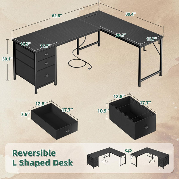 L-Shaped Computer Desk with Power Outlet & USB-C Port, Drawers, File Cabinet & Corner Storage