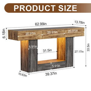 63" Farmhouse Console Table with LED Lights, Hidden Safe & 3 Drawers