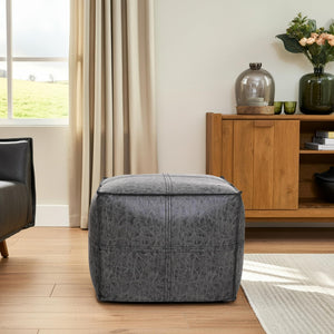 Square Distressed Vegan Leather Pouf Ottoman 18x18x14