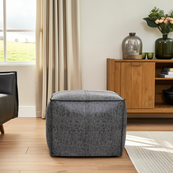 Square Distressed Vegan Leather Pouf Ottoman 18x18x14