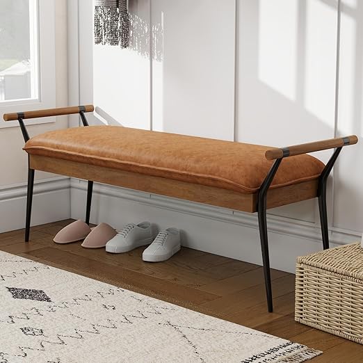 Industrial Ottoman Bench with Arms and Metal Legs