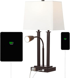 2-Light Modern Farmhouse LED Table Lamp with USB and Reading Light