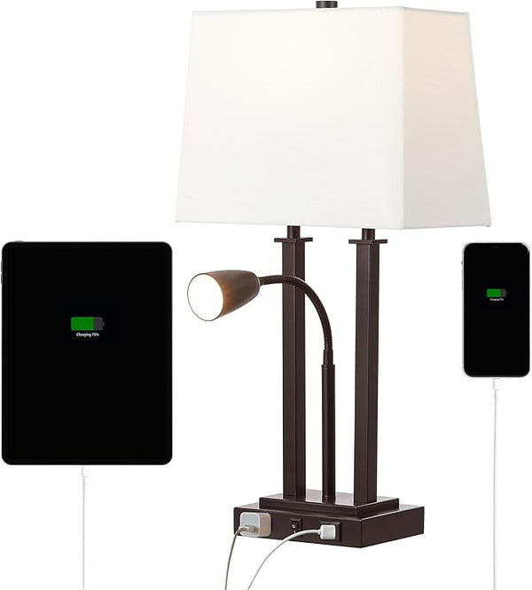 2-Light Modern Farmhouse LED Table Lamp with USB and Reading Light