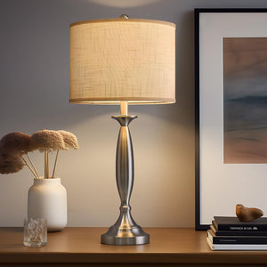 Modern Table Lamps Set of 2 with USB A+C Charging Ports – Brushed Steel Bedside Lamps with Fabric Drum Shade