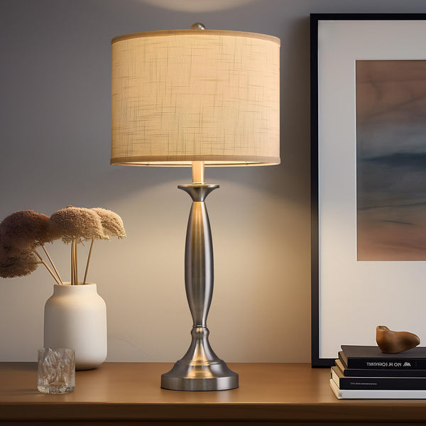Modern Table Lamps Set of 2 with USB A+C Charging Ports – Brushed Steel Bedside Lamps with Fabric Drum Shade