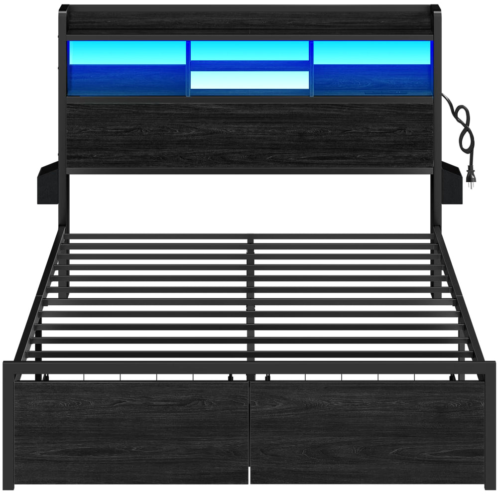 Platform Bed Frame with Storage Drawers, LED Lights & Charging Station