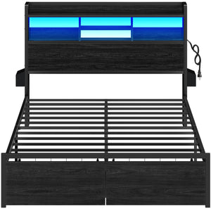 Platform Bed Frame with Storage Drawers, LED Lights & Charging Station