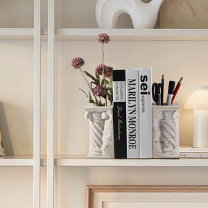 Marble Bookends with Pen Holder & Vase – Set of 2