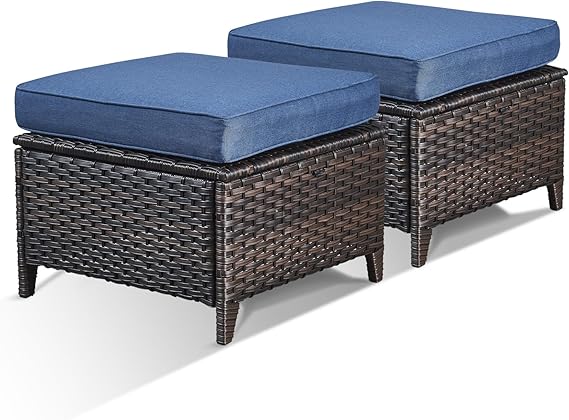 Outdoor Wicker Ottoman Set of 2 with Cushions