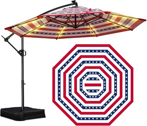 10 ft Offset Patio Umbrella with Solar LED Lights & Base
