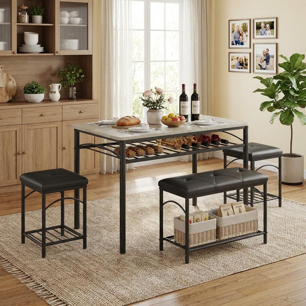 Dining Table Set for 4 with Benches & Stools
