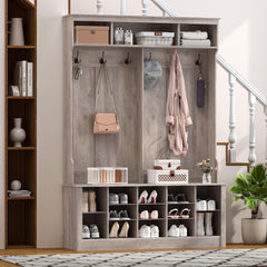 Farmhouse Hall Tree with Bench and Shoe Storage, Grey