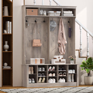 Farmhouse Hall Tree with Bench and Shoe Storage, Grey