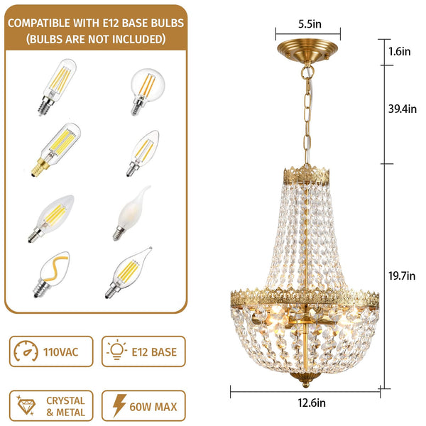 4-Light K9 Crystal Chandelier – Brushed Brass Pendant Light