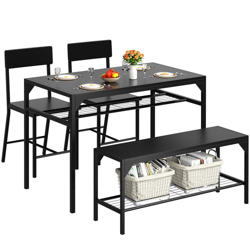 4-Piece Dining Table Set with Bench, 2 Chairs & Storage Rack