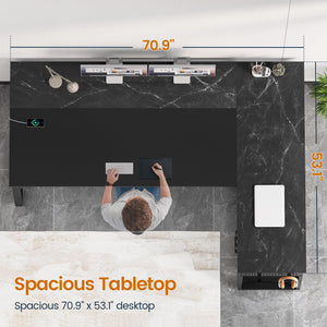 L-Shaped Executive Desk with Power Outlets, File Drawers & Storage