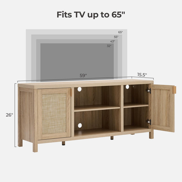 Rattan TV Stand with Storage Cabinets & Adjustable Shelves