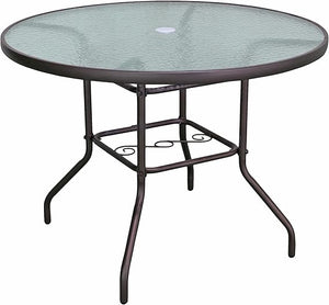 Round Outdoor Patio Dining Table – Steel Frame & Glass Top