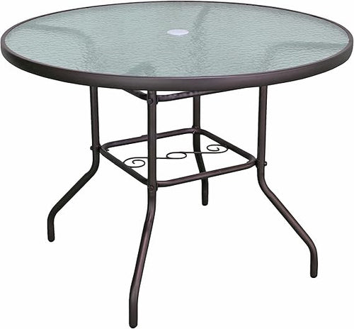 Round Outdoor Patio Dining Table – Steel Frame & Glass Top