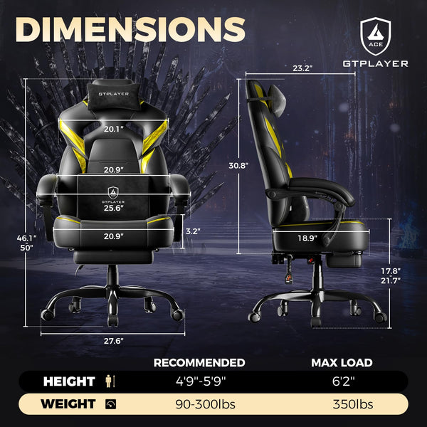 Gaming Chair with Footrest, High Back, 350 lbs Capacity