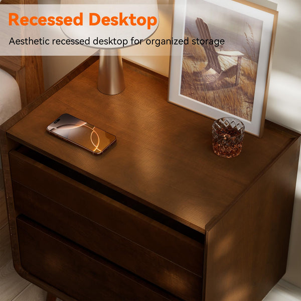 Walnut Nightstand with Charging Station & Drawers